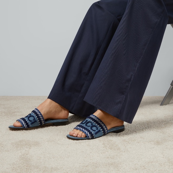 Gucci Jane Light Blue Denim Velvet Logo Mule Flat Slide Slip On Sandal 37 - Picture 5 of 16
